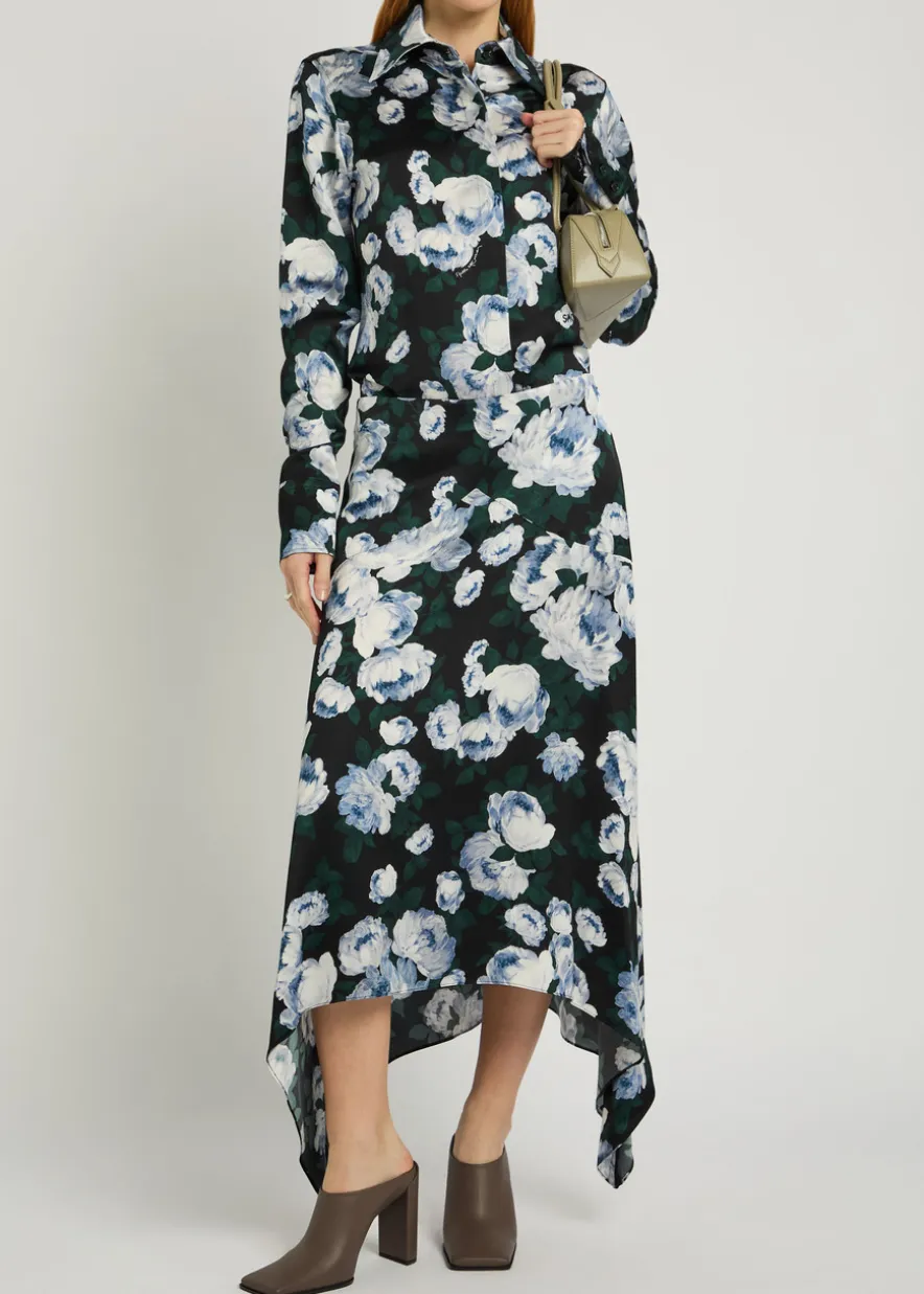 Bunch of Roses asymmetric floral-print satin midi skirt