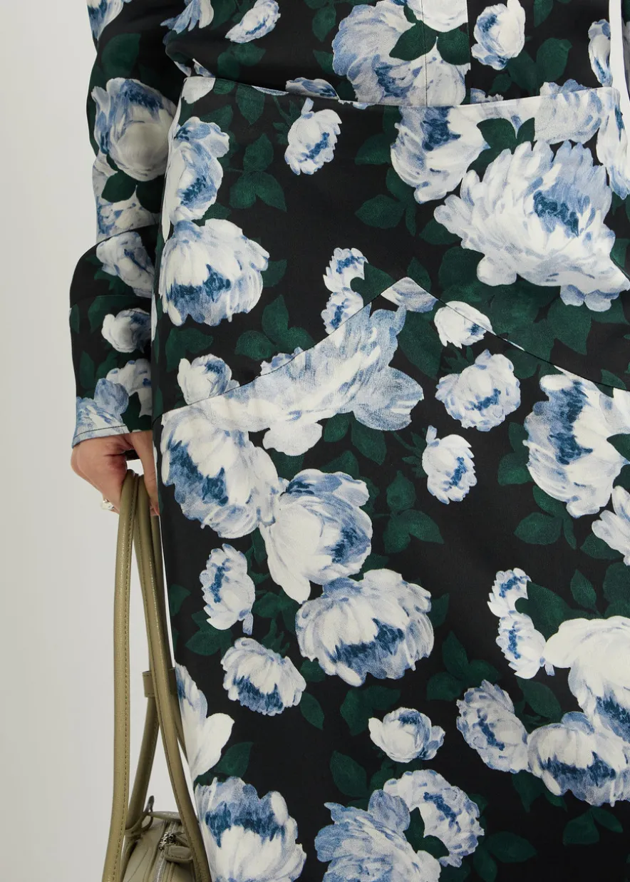 Bunch of Roses asymmetric floral-print satin midi skirt