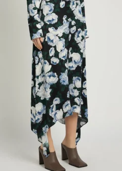 Bunch of Roses asymmetric floral-print satin midi skirt