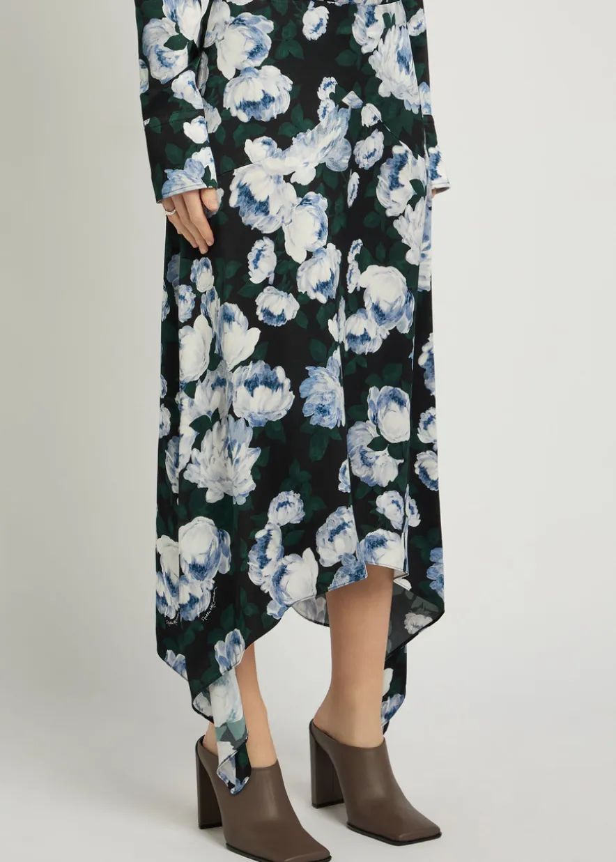Bunch of Roses asymmetric floral-print satin midi skirt