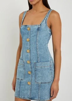 Button-embellished stretch-denim mini dress
