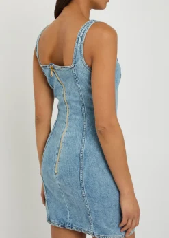 Button-embellished stretch-denim mini dress