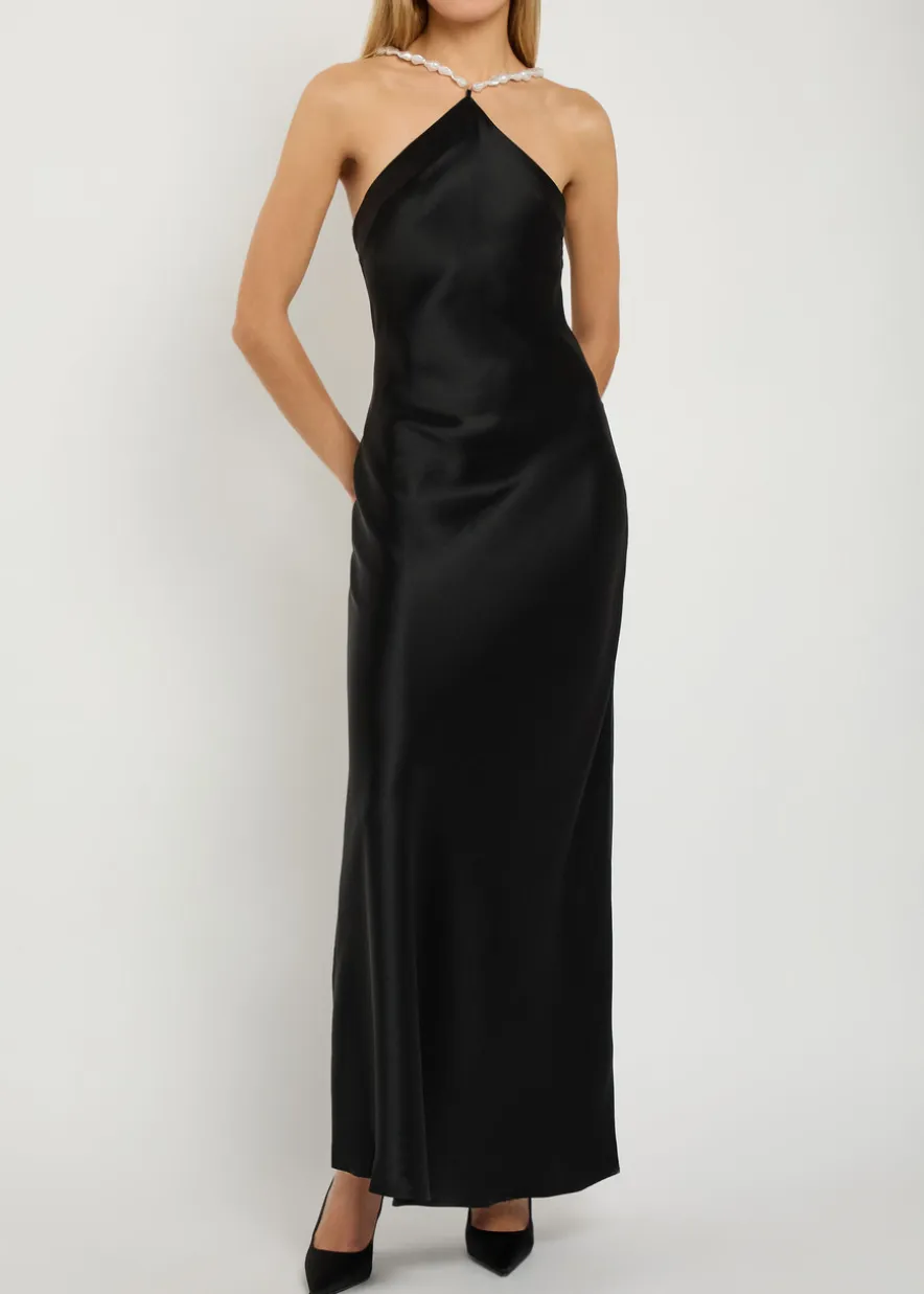 Cadence faux pearl-embellished satin maxi dress