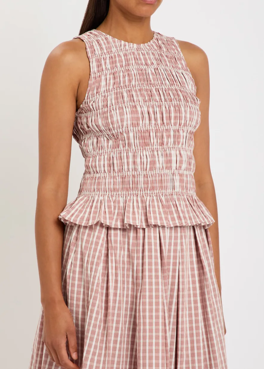 Cales checked shirred cotton-poplin top