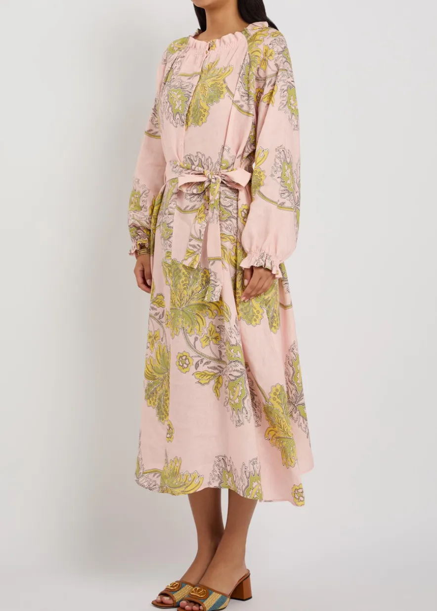 Cerere printed belted linen midi shirt dress
