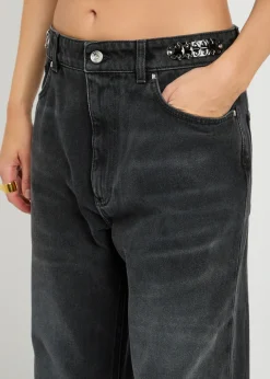 Chain-embellished straight-leg jeans