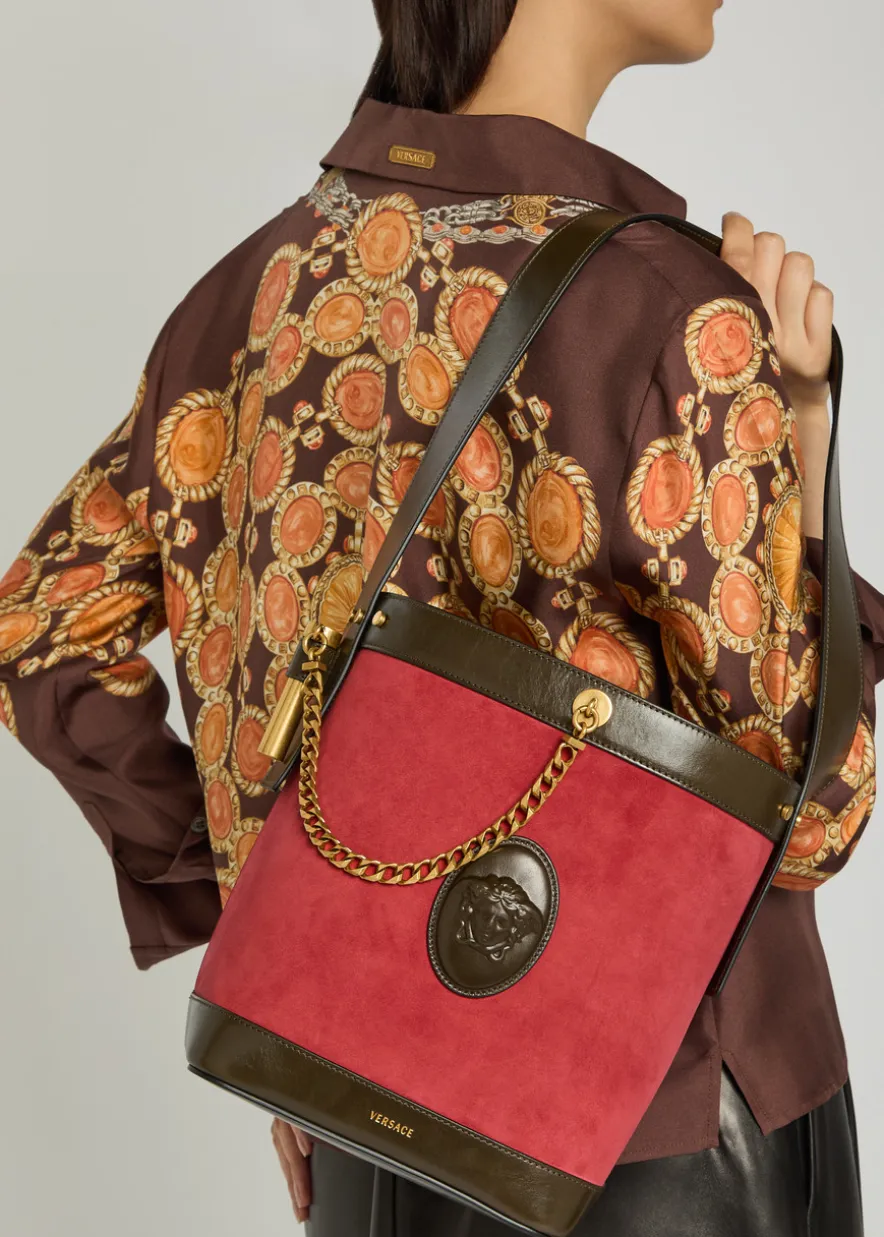 Chain small leather and suede bucket bag