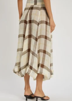 Checked belted linen-blend midi skirt