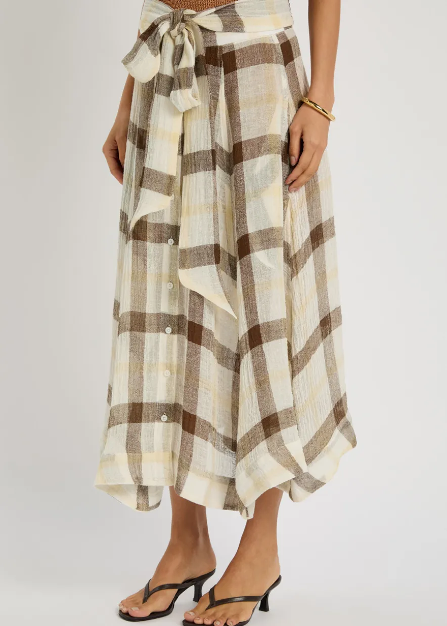 Checked belted linen-blend midi skirt