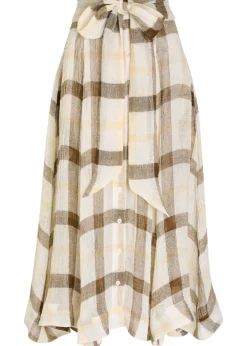 Checked belted linen-blend midi skirt