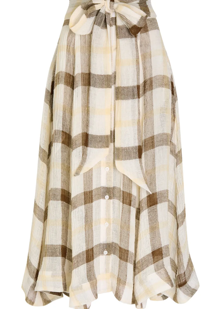 Checked belted linen-blend midi skirt