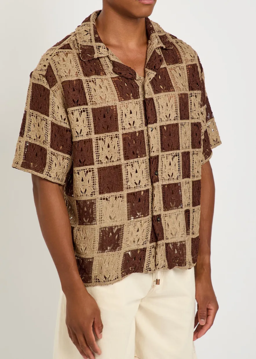Checked logo-monogram open-knit shirt