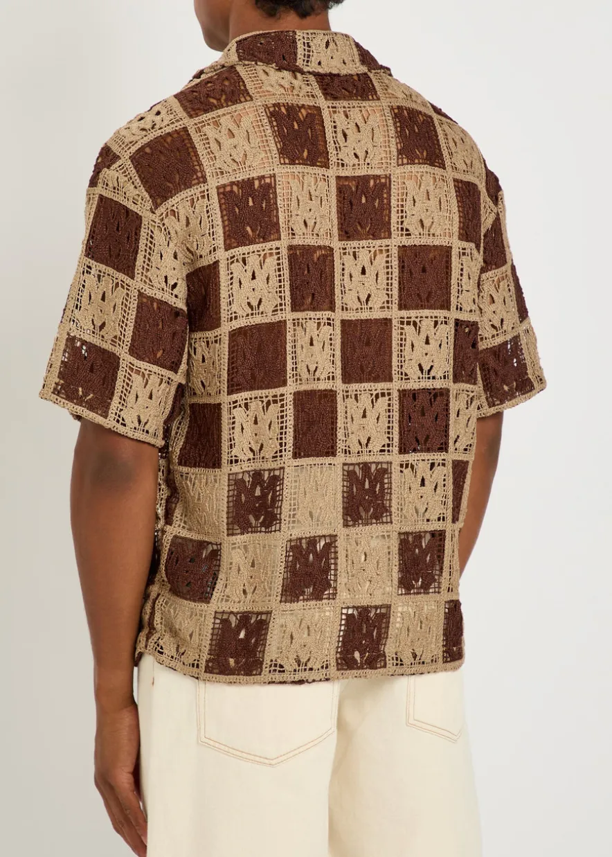 Checked logo-monogram open-knit shirt
