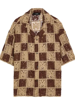 Checked logo-monogram open-knit shirt