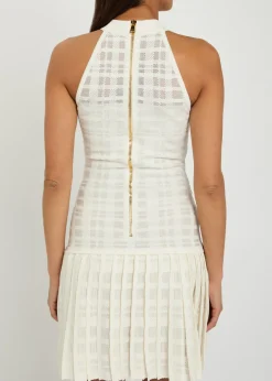 Checked pleated stretch-knit mini dress