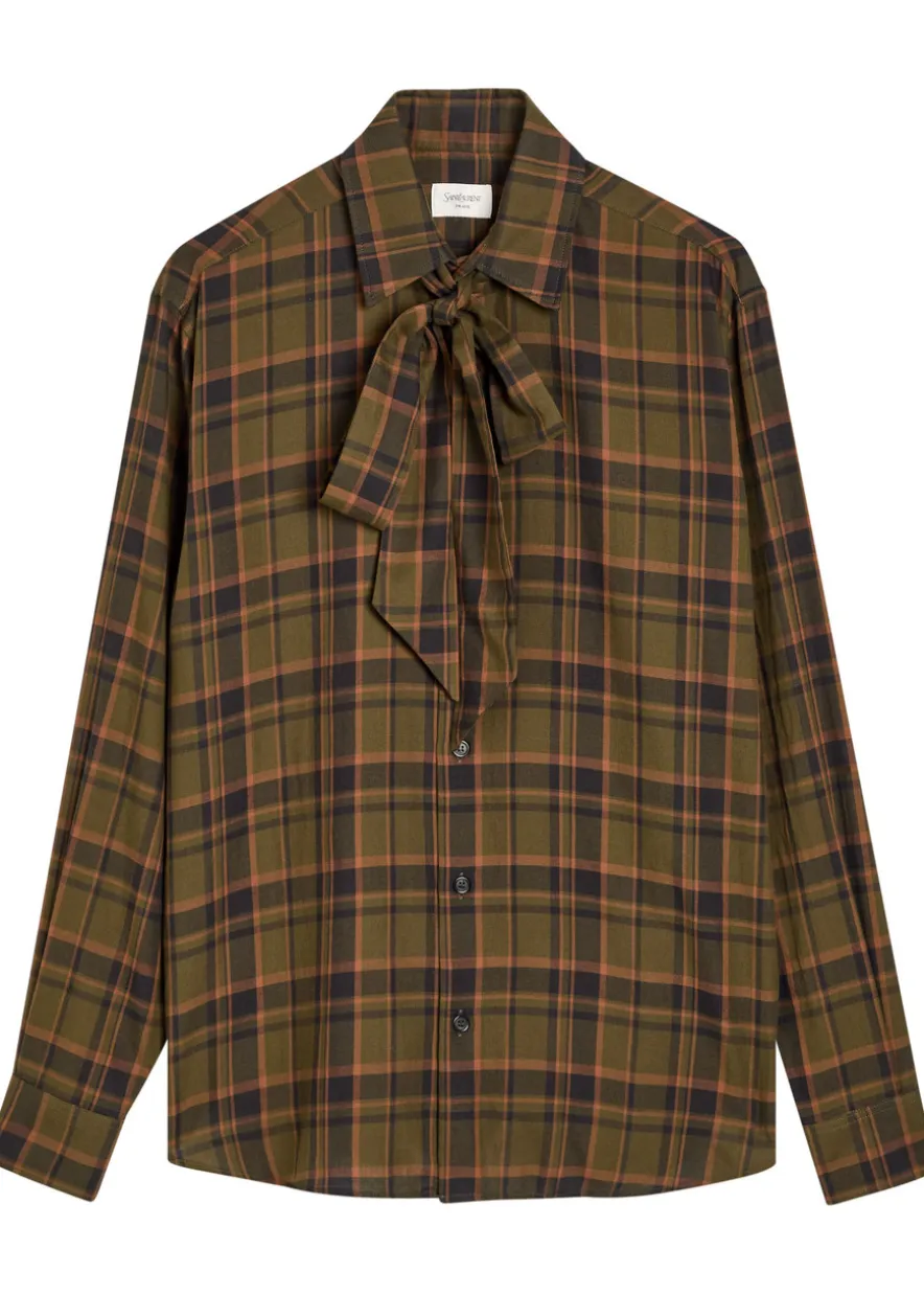 Checked tie-neck cotton shirt