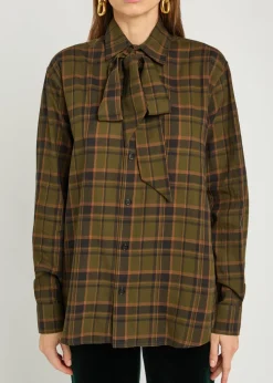 Checked tie-neck cotton shirt
