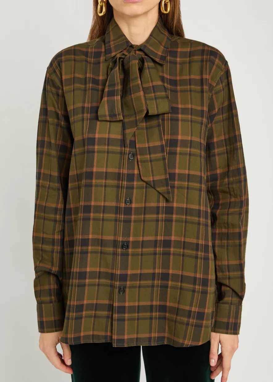 Checked tie-neck cotton shirt