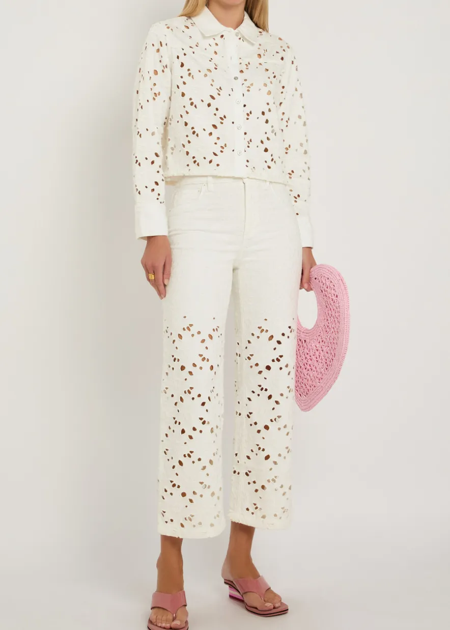 Chic cutwork embroidered wide-leg jeans