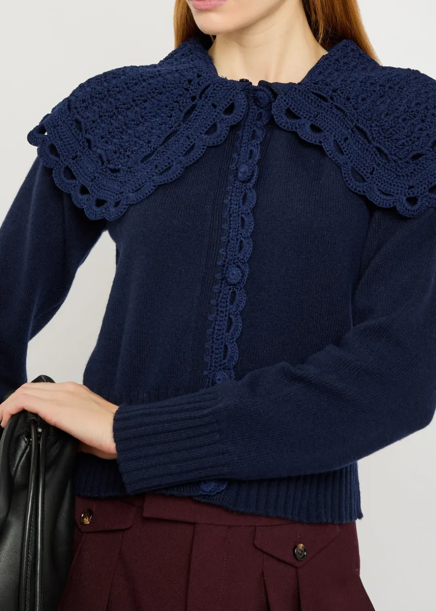 Crochet collar wool-blend cardigan