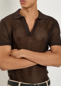 Crochet-knit sheer cotton and silk-blend polo shirt