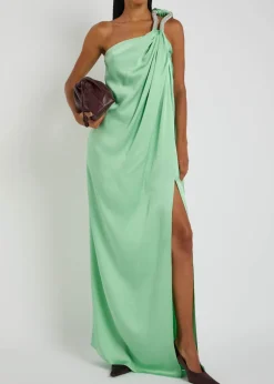 Crystal-embellished one-shoulder satin gown