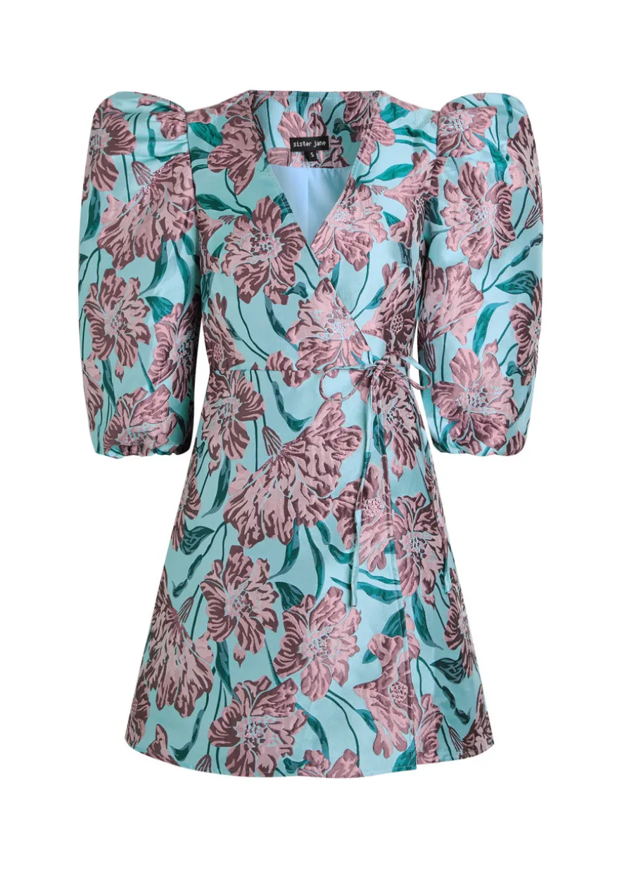 Deco Bloom floral-jacquard woven mini wrap dress