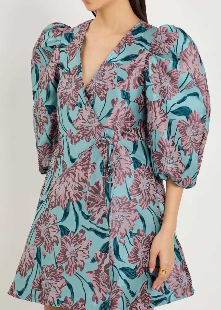 Deco Bloom floral-jacquard woven mini wrap dress