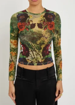 Delaina floral-print mesh top