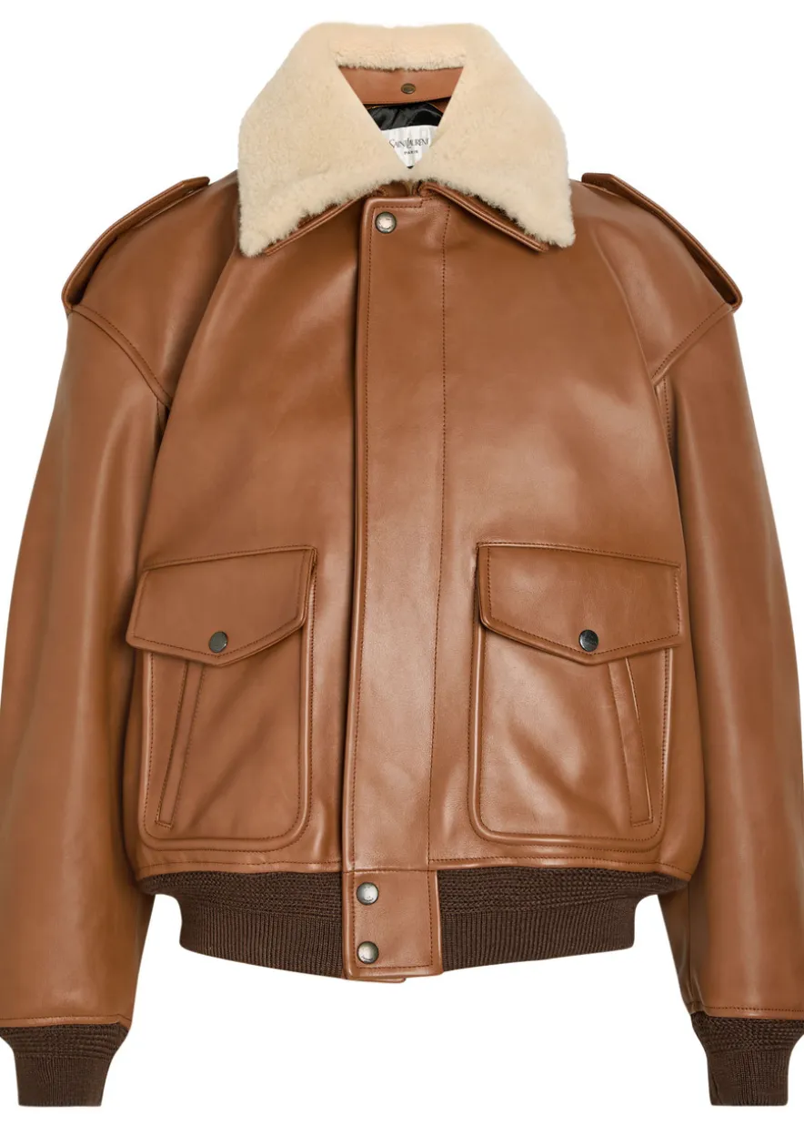 Detachable-collar shearling and leather jacket