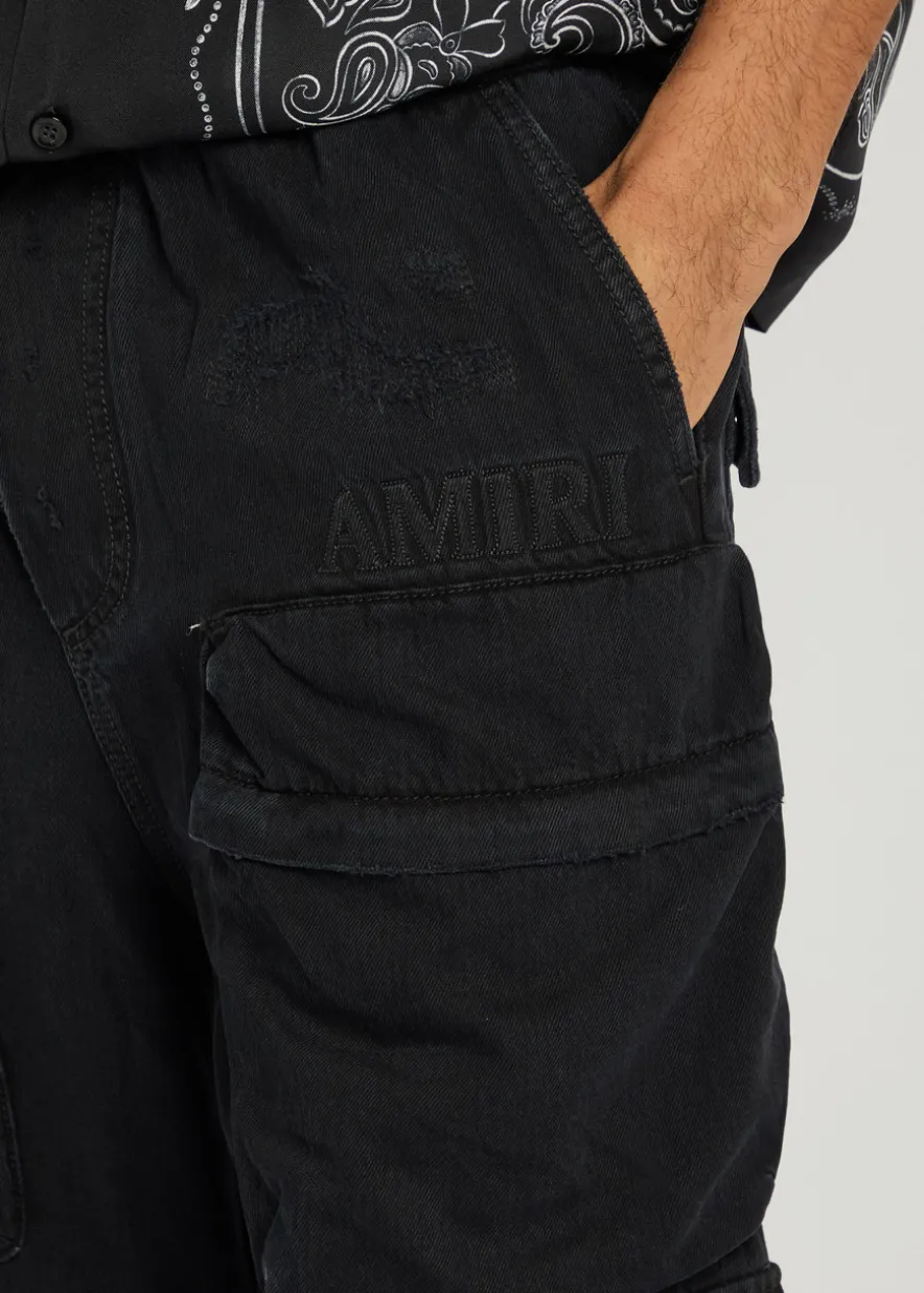 Distressed denim cargo trousers