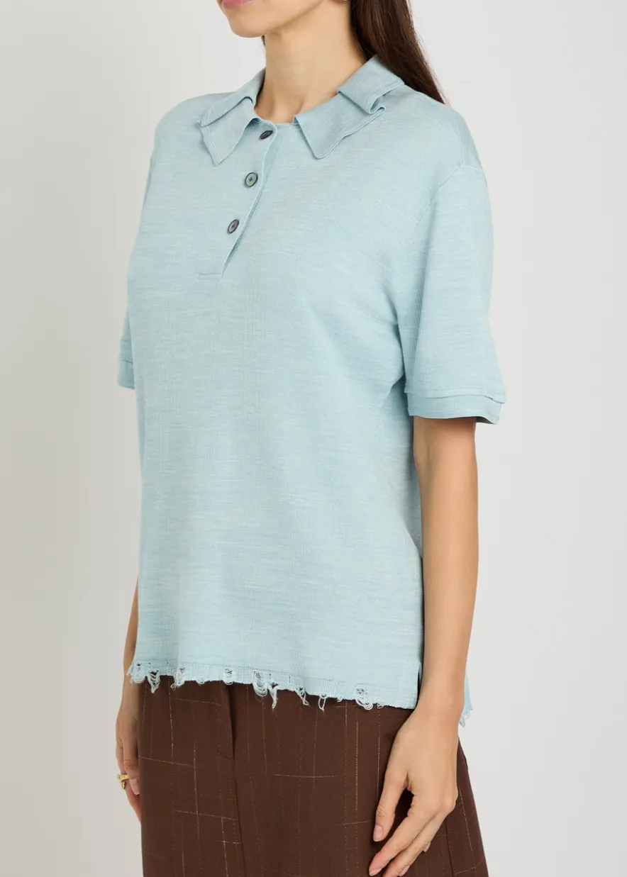 Distressed silk-blend polo top
