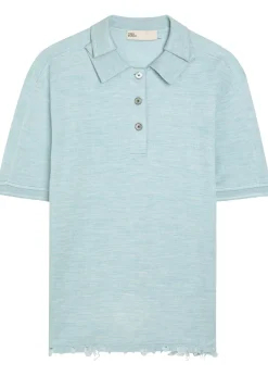 Distressed silk-blend polo top