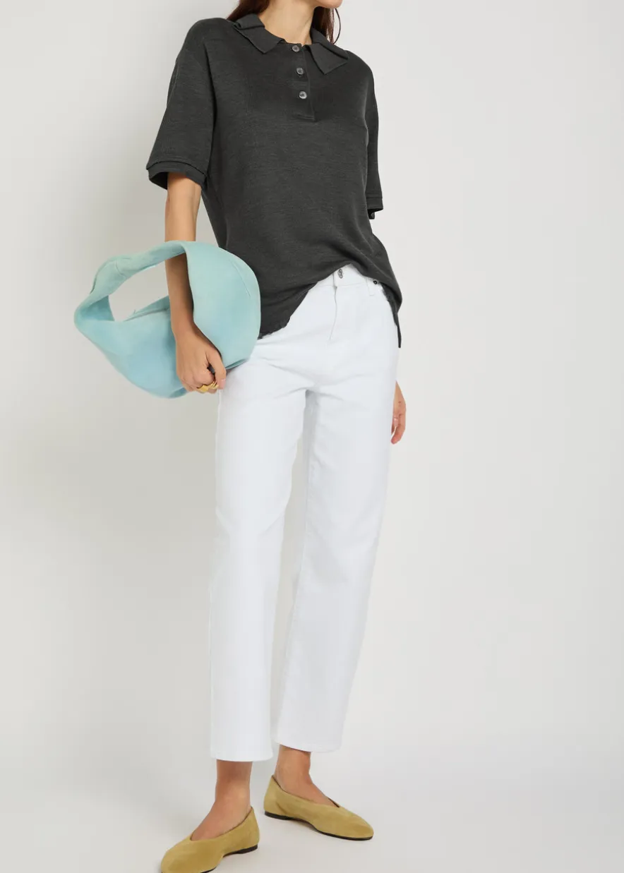 Distressed silk-blend polo top