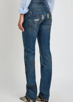 Distressed slim straight-leg jeans