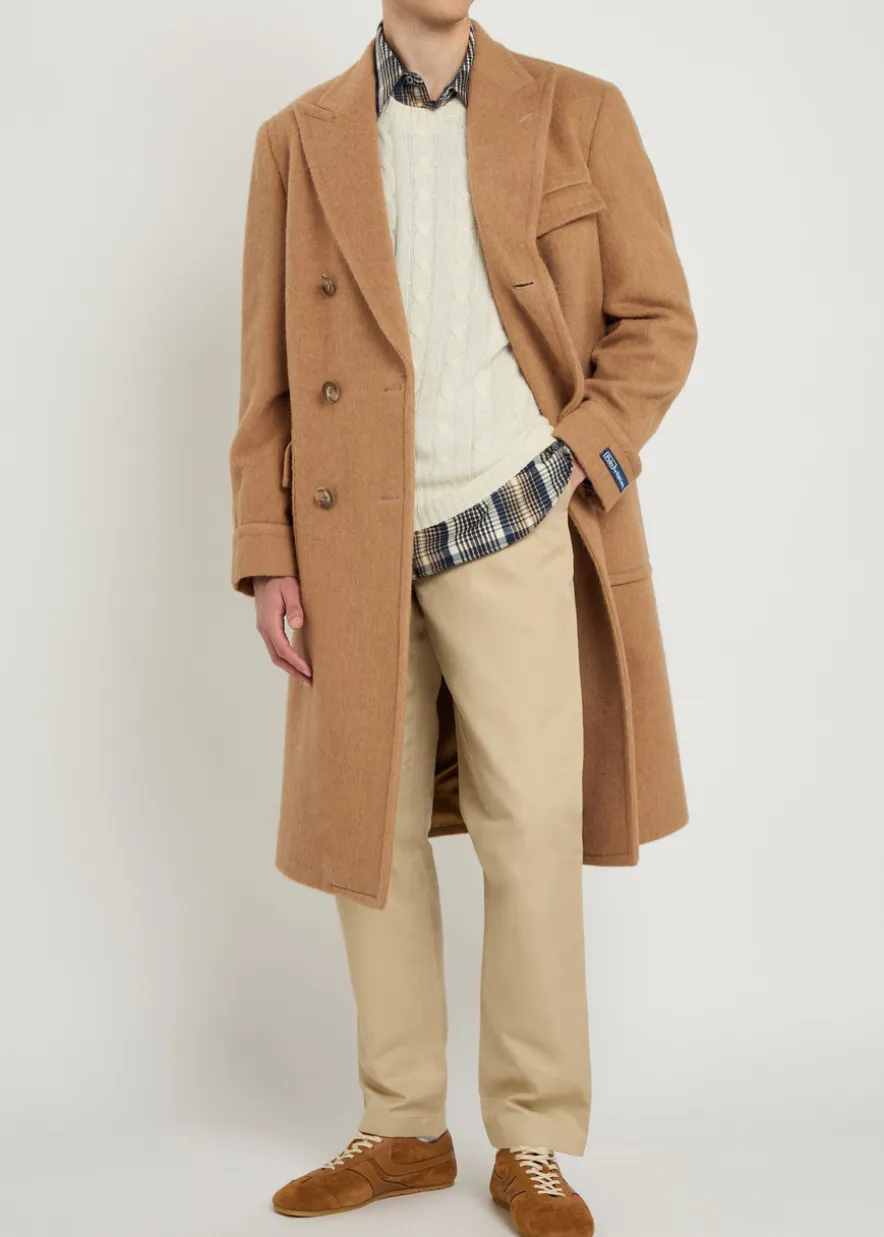 Double-breasted camel hair coat