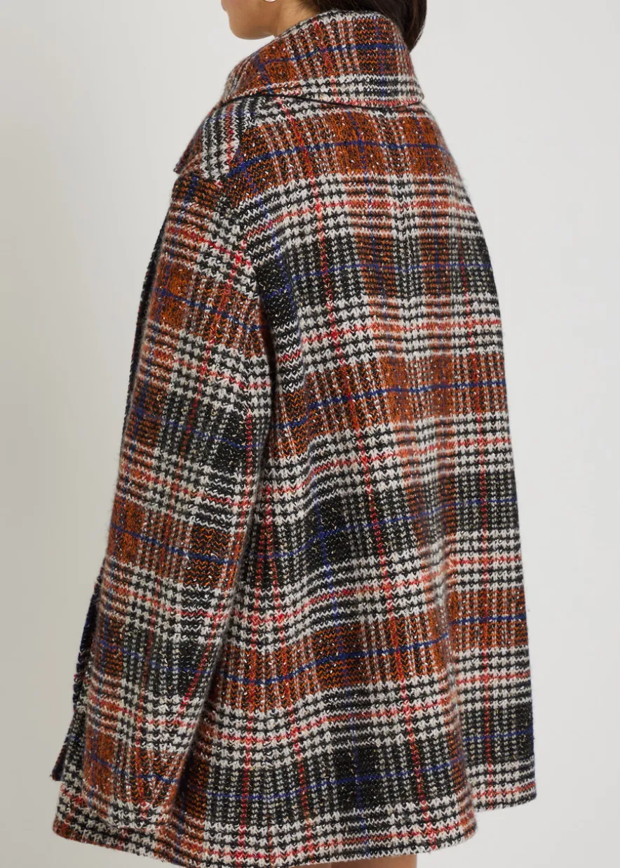 Double-breasted tartan wool-blend peacoat