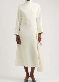 Draped asymmetric silk-blend midi dress