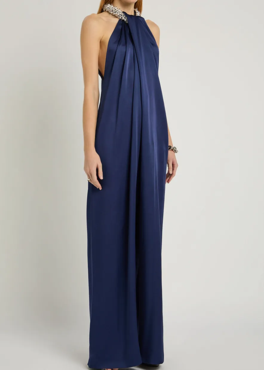 Draped faux pearl-embellished satin jumpsuit