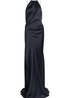 Draped halterneck satin-crepe gown