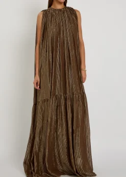 Draped striped silk-blend chiffon gown