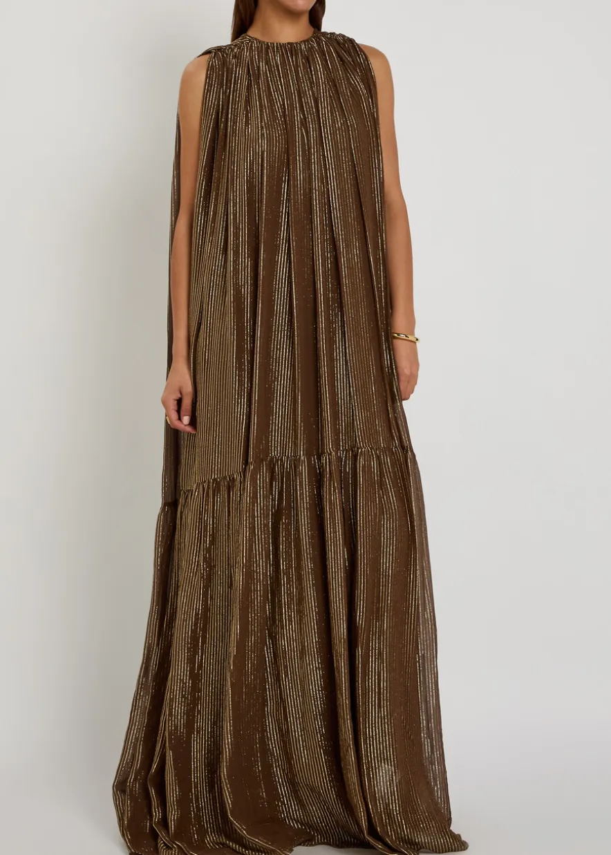 Draped striped silk-blend chiffon gown