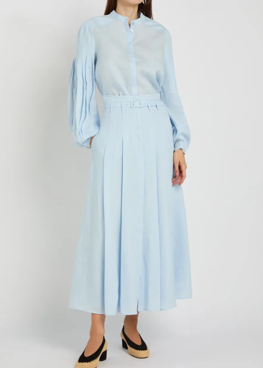 Dugald belted pleated linen midi skirt