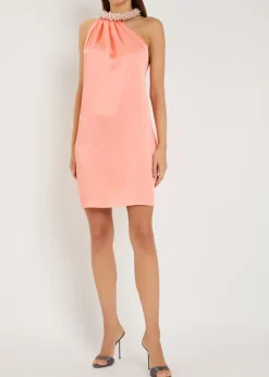 Embellished-choker asymmetric satin mini dress