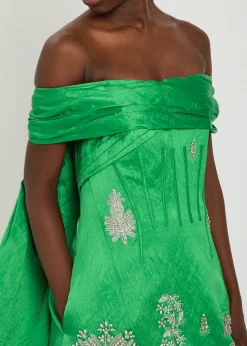 Embellished off-the-shoulder crinkled satin mini dress