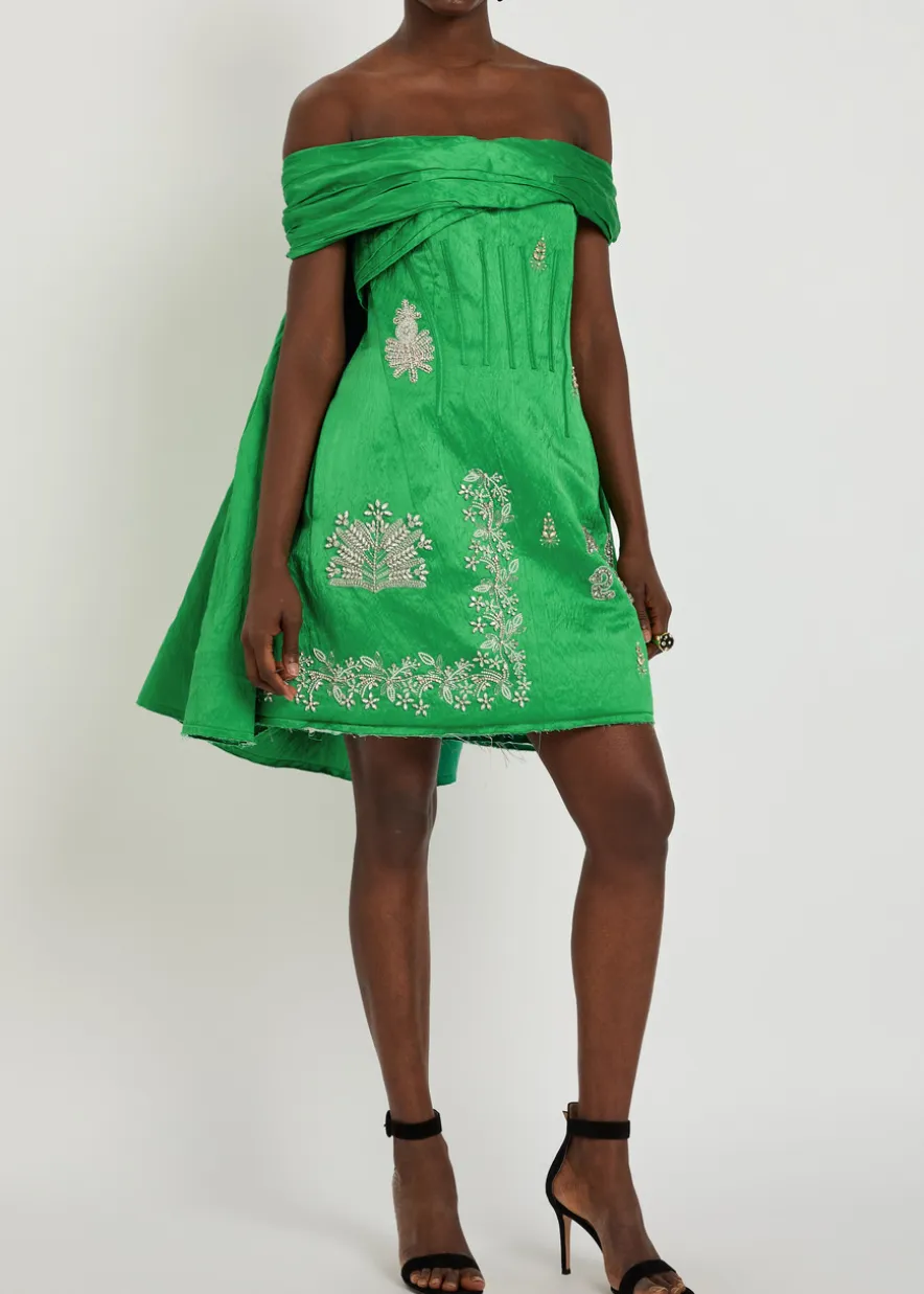 Embellished off-the-shoulder crinkled satin mini dress