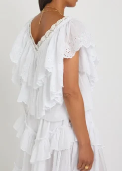 Embroidered ruffled cropped cotton top
