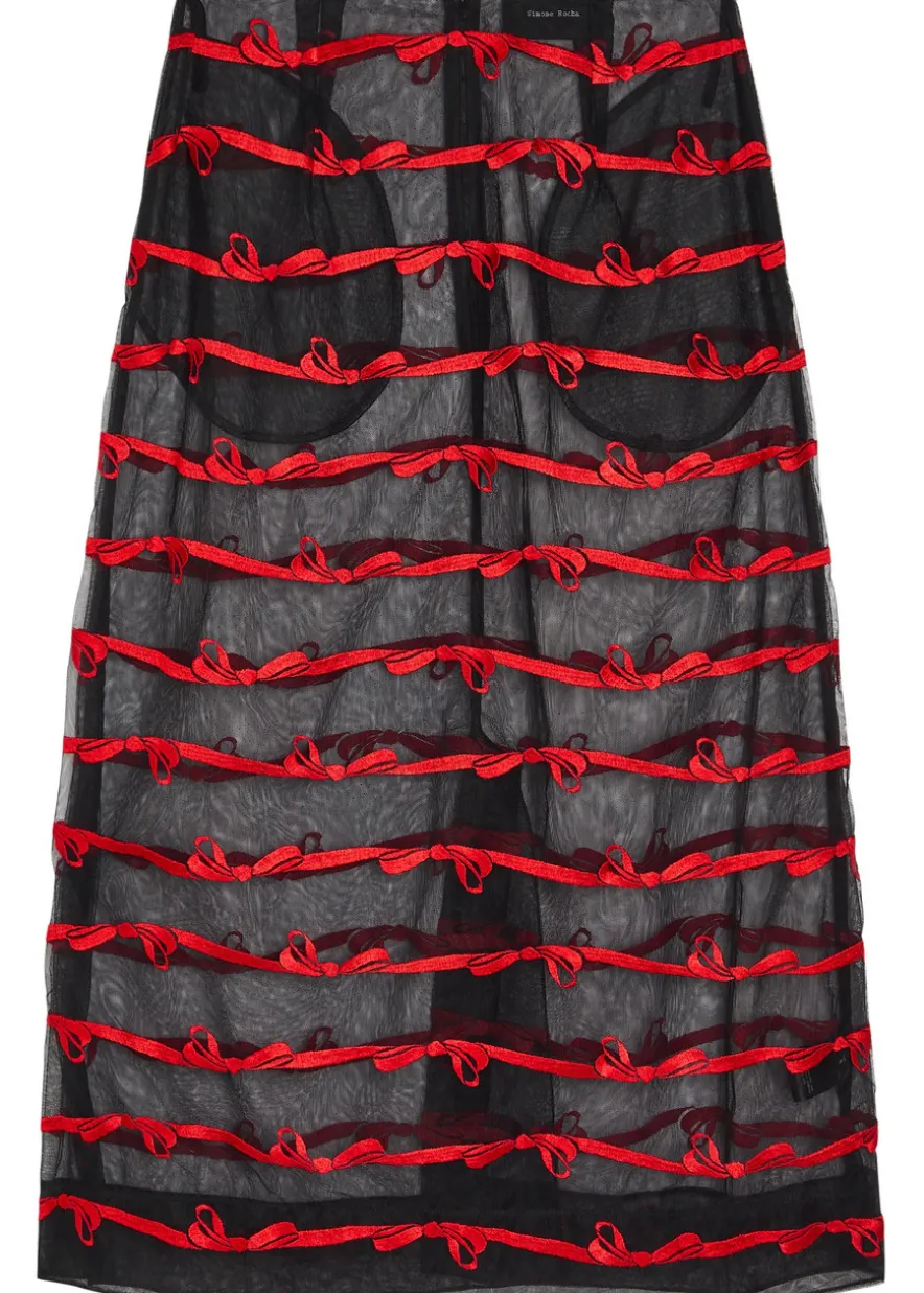 Embroidered sheer tulle midi skirt