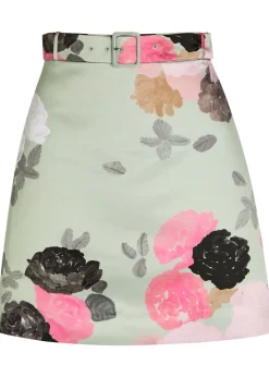 Eva belted floral-print satin skirt