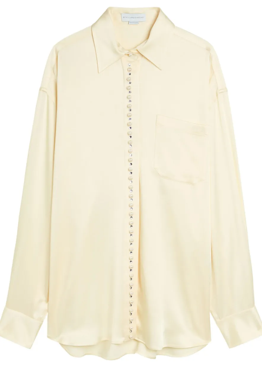 Faux pearl-embellished satin shirt